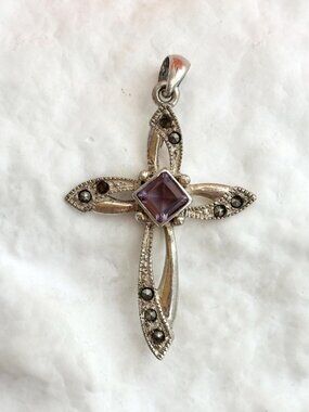 Cross Shaped Marcasite & Amethyst 925 Sterling Silver Vintage Pendant | Charm